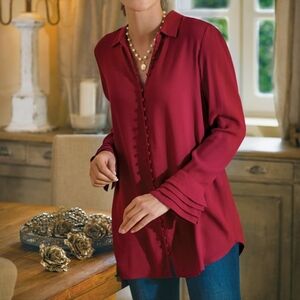 Soft Surroundings Poet Blouse Womens M Moroccan Red Tiered Ruffled Button Top‎